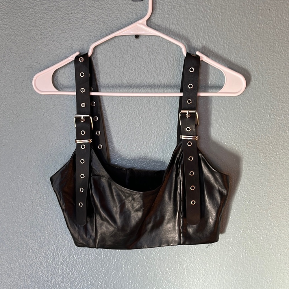 Black Leather Strap Crop Top